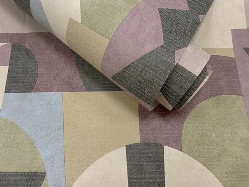 Sokszínű többségében lilás geometriai mintás retro stílusú vlies tapéta