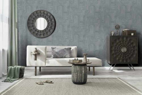 Art deco stílusú kék és ezüst geometriai mintás vlies tapéta