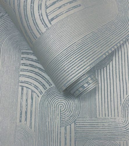 Art deco stílusú kék és ezüst geometriai mintás vlies tapéta