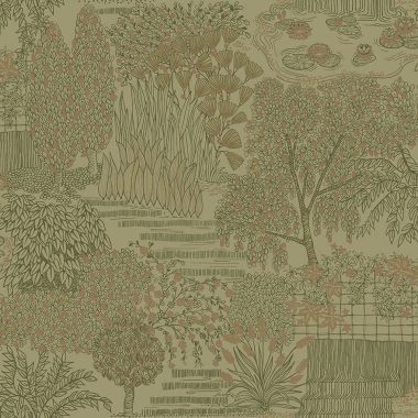   Zöld alapon arany fa, levél és nád mintákkal díszített elegáns tapéta