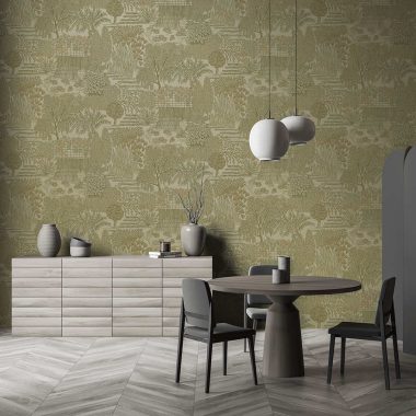   Zöld alapon arany fa, levél és nád mintákkal díszített elegáns tapéta