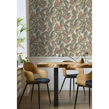   Bézs alapon zöls és mályva színű sokszínű festett levél mintás natur vlies tapéta