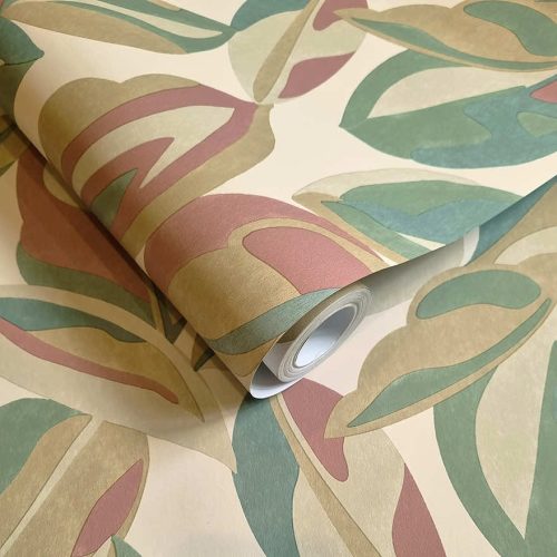 Bézs alapon zöls és mályva színű sokszínű festett levél mintás natur vlies tapéta