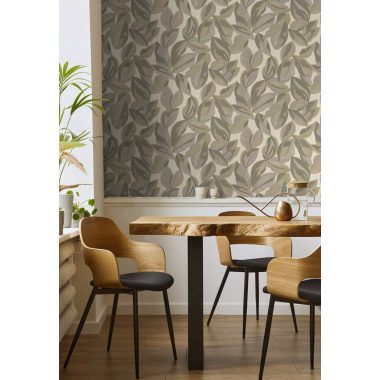 Bézs szürke festett levél mintás natur vlies tapéta