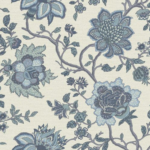 Halvány szürke alapon kék angol stílusú William Morris ihletésű nagy virág mintás vlies tapéta 