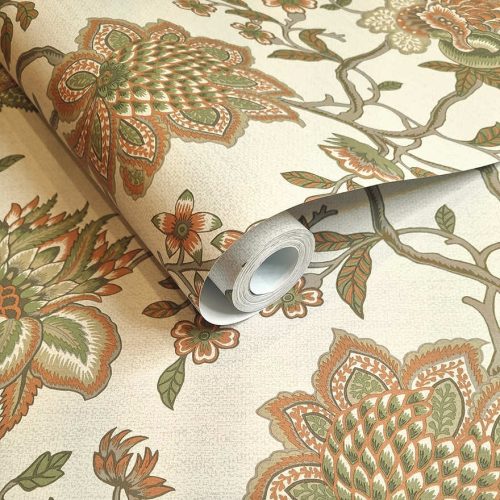 Bézs alapon narancs és zöld színű angol stílusú William Morris ihletésű nagy virág mintás vlies tapéta