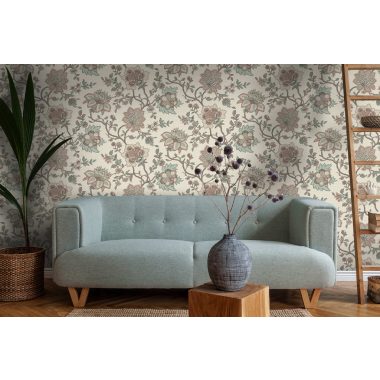   Bézs alapon rózsaszín és mentazöld angol stílusú William Morris ihletésű nagy virág mintás vlies tapéta