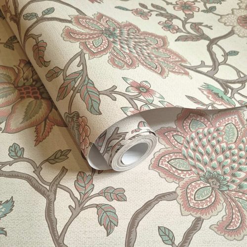 Bézs alapon rózsaszín és mentazöld angol stílusú William Morris ihletésű nagy virág mintás vlies tapéta