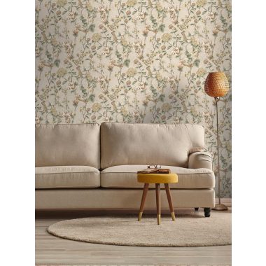   Bézs romantikus vintage stílusú vlies tapéta madárral, magnólia és cseresznye virágokkal