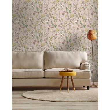   Rózsaszín alapon romantikus vintage stílusú vlies tapéta madárral, magnólia és cseresznye virágokkal