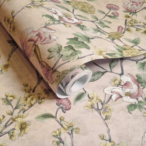 Rózsaszín alapon romantikus vintage stílusú vlies tapéta madárral, magnólia és cseresznye virágokkal