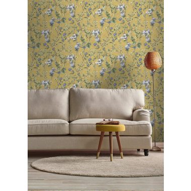   Okkersárga alapon kék és zöld romantikus vintage stílusú vlies tapéta madárral, magnólia és cseresznye virágokkal