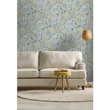   Kék alapon romantikus vintage stílusú vlies tapéta madárral, magnólia és cseresznye virágokkal