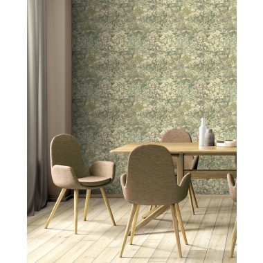   Sűrű levél mintás vlies tapéta zsályazöld színben kevéske rózsaszínnel enyhén akvarell hatással