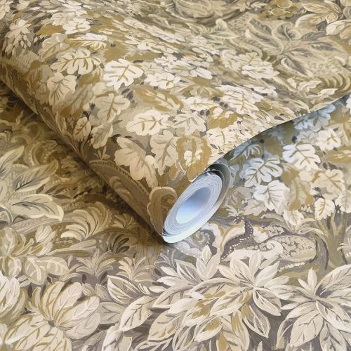 Sűrű levél mintás vlies tapéta szürke és bézs színekben enyhén akvarell hatással