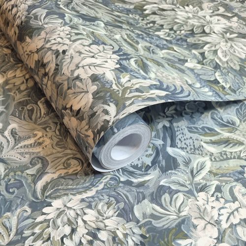 Sűrű levél mintás vlies tapéta világoskék színben enyhén akvarell hatással