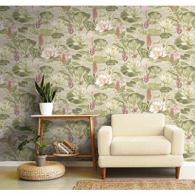   Bézs alapon tavirózsás, vízililiomos akvarell hatású sok színű vlies tapéta pillangóval és szitakötővel 