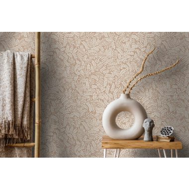   Púder színű apró levél és inda mintás angol stílusú vlies tapéta 