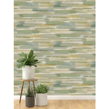   Zöld, kék és bézs pasztel vízszintes ecsetvonás mintás natur vlies tapéta