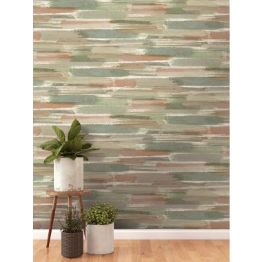   Zöld barna vízszintes ecsetvonás mintás natur vlies tapéta