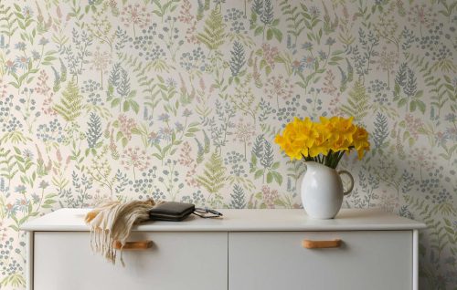 Vidéki stílusú színes pasztel virág mintás vlies tapéta