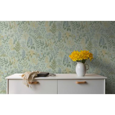   Vidéki stílusú színes pasztel virág mintás vlies tapéta halványzöld alapon