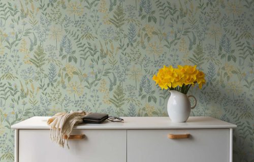 Vidéki stílusú színes pasztel virág mintás vlies tapéta halványzöld alapon