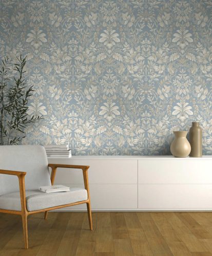 Halványkék alapon szürke klasszikus stílusú romantikus vintage vlies tapéta