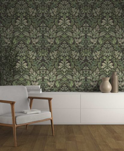 Fekete alapon zöld klasszikus stílusú romantikus vintage vlies tapéta