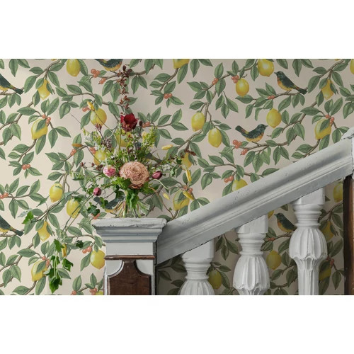 Krémszínű alapon citrom és madár mintás vidám vidéki hangulatú tapéta