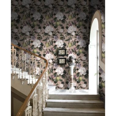   Rózsaszín alapon virágos gyümölcsfa ág mintás tapéta romantikus stílusjegyekkel