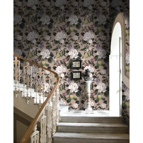 Rózsaszín alapon virágos gyümölcsfa ág mintás tapéta romantikus stílusjegyekkel