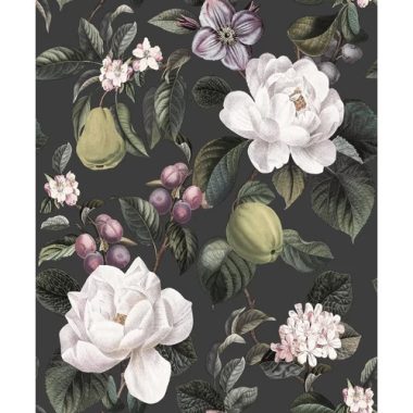   Fekete alapon virágos gyümölcsfa ág mintás tapéta romantikus stílusjegyekkel