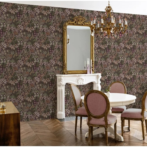 Bordó alapon téglaszínű romantikus sűrű virágmintás impozáns tapéta