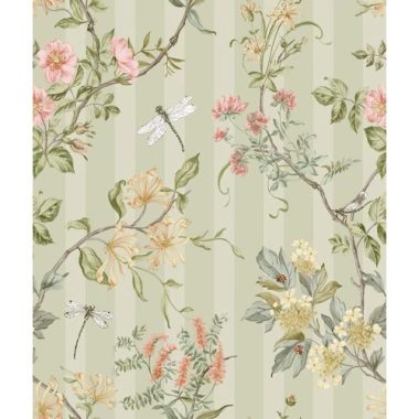   Zsályazöld csíkos alapon szitakötő, katicabogár és virágmintás vintage stílusú tapéta