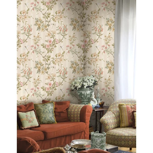 Bézs csíkos alapon szitakötő, katicabogár és virágmintás vintage stílusú tapéta