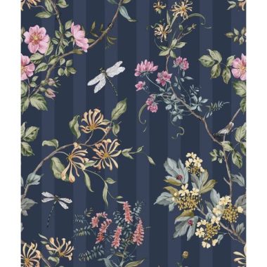   Sötétkék csíkos alapon szitakötő, katicabogár és virág mintás vintage stílusú tapéta
