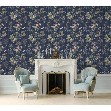   Sötétkék csíkos alapon szitakötő, katicabogár és virág mintás vintage stílusú tapéta