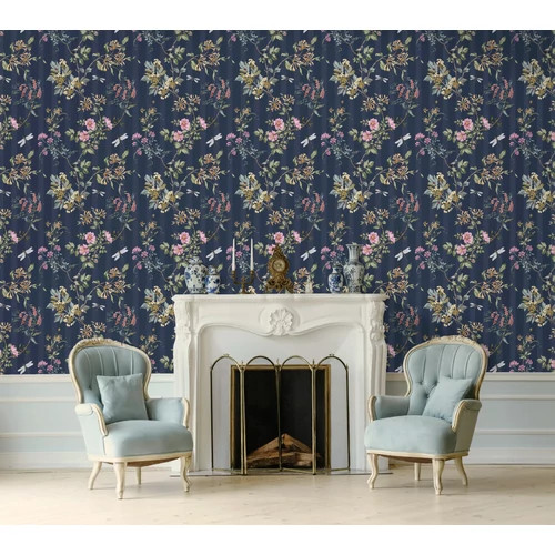 Sötétkék csíkos alapon szitakötő, katicabogár és virág mintás vintage stílusú tapéta