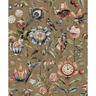    Bohém hangulatú mókus, béka, katicabogár, pillangó, kolibri, gomba, óra, cupcake, muffin, nyalóka, iránytű, hangszer, cseresznye, egér, dobókocka, tücsök, hal, kulcs, pávatoll mintás vidám tapéta arany alapon