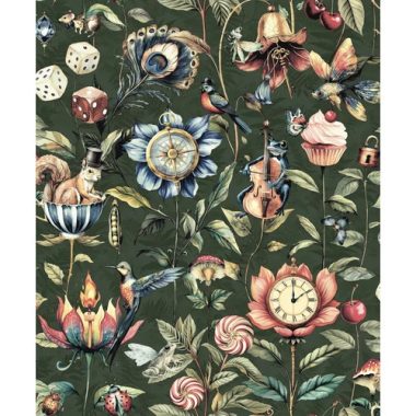   Bohém hangulatú mókus, béka, katicabogár, pillangó, kolibri, gomba, óra, cupcake, muffin, nyalóka, iránytű, hangszer, cseresznye, egér, dobókocka, tücsök, hal, kulcs, pávatoll mintás vidám tapéta sötétzöld alapon