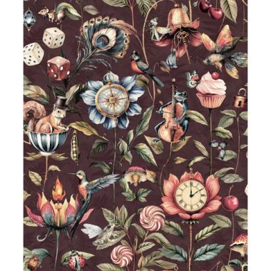   Bohém hangulatú mókus, béka, katicabogár, pillangó, kolibri, gomba, óra, cupcake, muffin, nyalóka, iránytű, hangszer, cseresznye, egér, dobókocka, tücsök, hal, kulcs, pávatoll mintás vidám tapéta bordó alapon