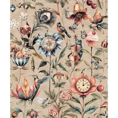   Bohém hangulatú mókus, béka, katicabogár, pillangó, kolibri, gomba, óra, cupcake, muffin, nyalóka, iránytű, hangszer, cseresznye, egér, dobókocka, tücsök, hal, kulcs, pávatoll mintás vidám tapéta rózsaszín alapon