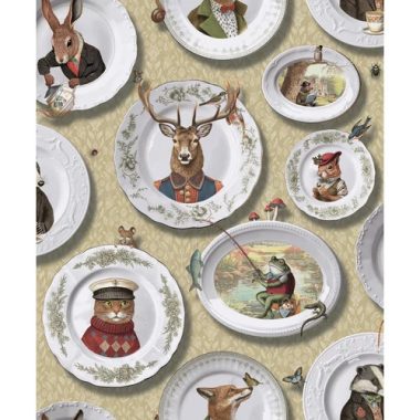   Béka,ürge, borz, nyúl, róka, szarvas, cica, macska, vakond, madár, bogár, hal, tányér mintás modern bohém stílusú tapéta okkersárga háttérrel