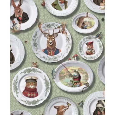   Béka,ürge, borz, nyúl, róka, szarvas, cica, macska, vakond, madár, bogár, hal, tányér mintás modern bohém stílusú tapéta zöld háttérrel