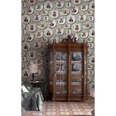   Béka,ürge, borz, nyúl, róka, szarvas, cica, macska, vakond, madár, bogár, hal, tányér mintás modern bohém stílusú tapéta zöld háttérrel