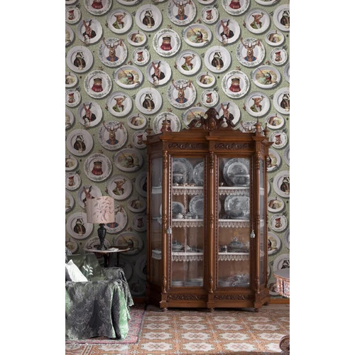 Béka,ürge, borz, nyúl, róka, szarvas, cica, macska, vakond, madár, bogár, hal, tányér mintás modern bohém stílusú tapéta zöld háttérrel