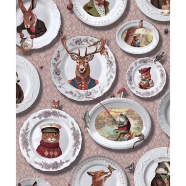   Béka,ürge, borz, nyúl, róka, szarvas, cica, macska, vakond, madár, bogár, hal, tányér mintás modern bohém stílusú tapéta mályva háttérrel