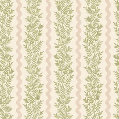   Törtfehér alapon zöld és rózsaszín festőhenger mintás leveles hullámos vintage tapéta