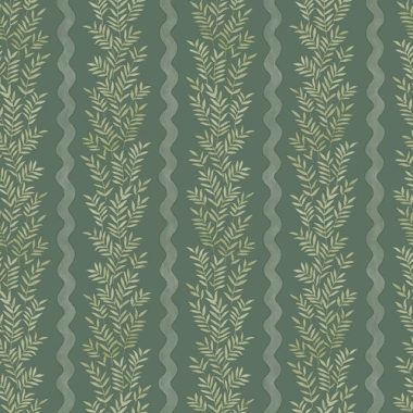   Sötétzöld alapon pasztell zöld festőhenger mintás leveles hullámos vintage tapéta